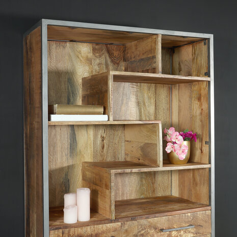 Lizzely Garden & Living Kast industrieel mangohout Sofia lichtbruin 180cm visgraat vakkenkast mango hout wandkast