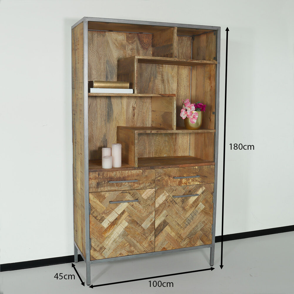 Kast industrieel mangohout Sofia lichtbruin 180cm visgraat vakkenkast mango hout wandkast