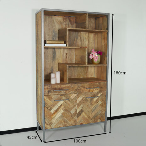 Lizzely Garden & Living Kast industrieel mangohout Sofia lichtbruin 180cm visgraat vakkenkast mango hout wandkast