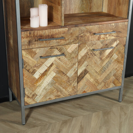 Lizzely Garden & Living Kast industrieel mangohout Sofia lichtbruin 180cm visgraat vakkenkast mango hout wandkast