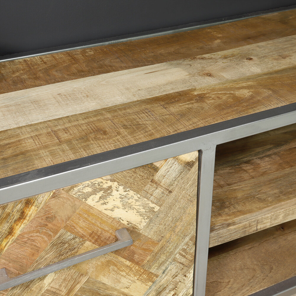 TV meubel industrieel mangohout Sofia lichtbruin visgraat tv-meubel 150cm duurzaam mango massief hout TV meubel industrieel mangohout Sofia lichtbruin visgraat tv-meubel 150cm duurzaam mango massief hout