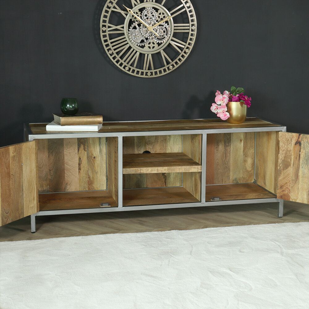 TV meubel industrieel mangohout Sofia lichtbruin visgraat tv-meubel 150cm duurzaam mango massief hout TV meubel industrieel mangohout Sofia lichtbruin visgraat tv-meubel 150cm duurzaam mango massief hout