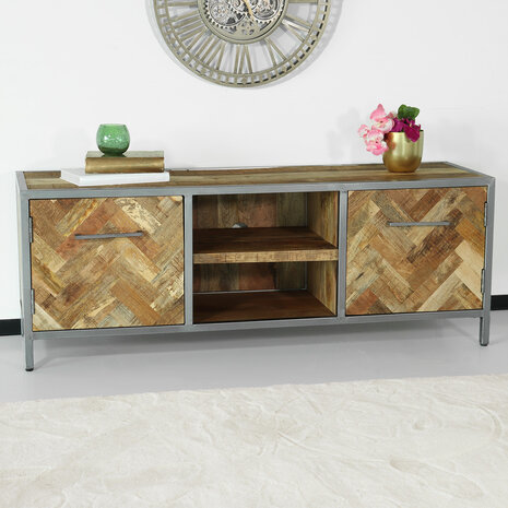 Lizzely Garden & Living TV meubel industrieel mangohout Sofia lichtbruin visgraat tv-meubel 150cm duurzaam mango massief hout Lizzely Garden & Living TV meubel industrieel mangohout Sofia lichtbruin visgraat tv-meubel 150cm duurzaam mango massief hout