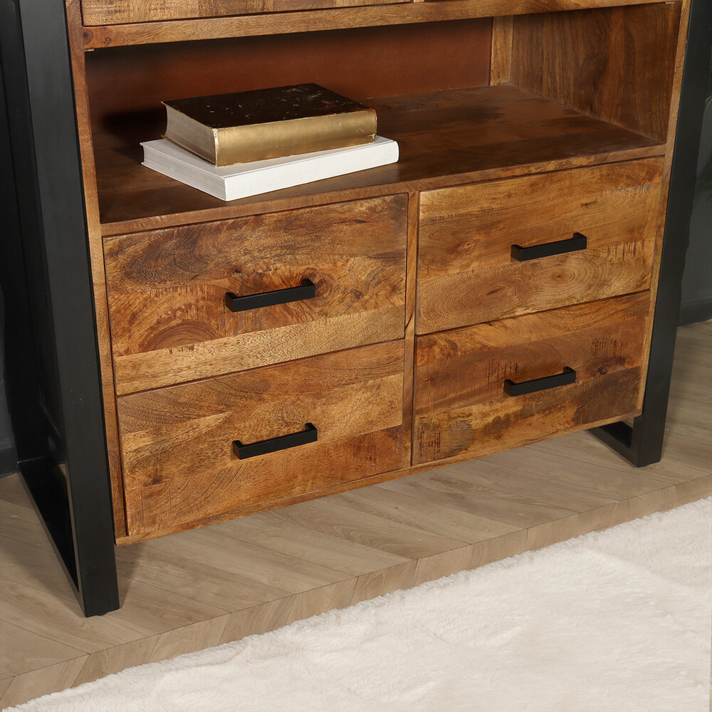 Industriële kast mangohout Dexie 150x100cm bruin en zwart wandkast duurzaam mango Industriële kast mangohout Dexie 150x100cm bruin en zwart wandkast duurzaam mango