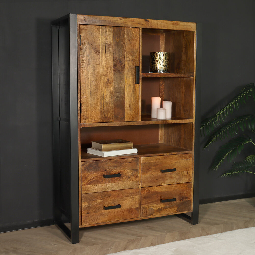 Industriële kast mangohout Dexie 150x100cm bruin en zwart wandkast duurzaam mango Industriële kast mangohout Dexie 150x100cm bruin en zwart wandkast duurzaam mango