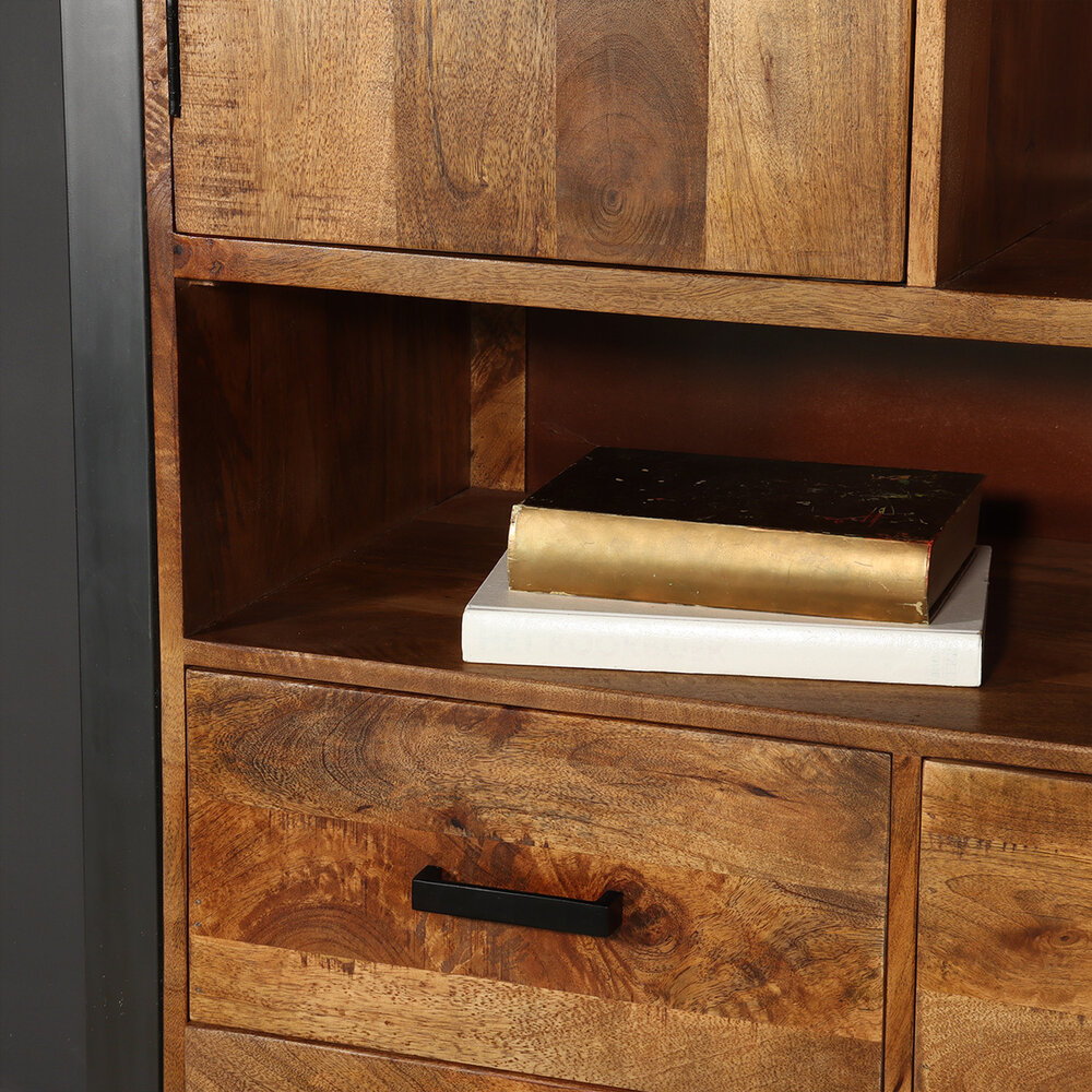 Industriële kast mangohout Dexie 150x100cm bruin en zwart wandkast duurzaam mango Industriële kast mangohout Dexie 150x100cm bruin en zwart wandkast duurzaam mango