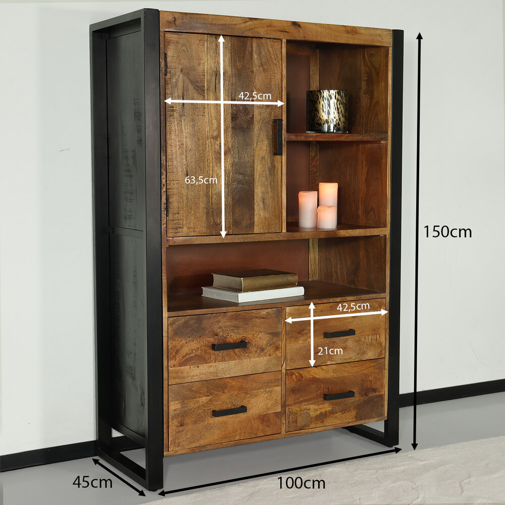 Industriële kast mangohout Dexie 150x100cm bruin en zwart wandkast duurzaam mango Industriële kast mangohout Dexie 150x100cm bruin en zwart wandkast duurzaam mango