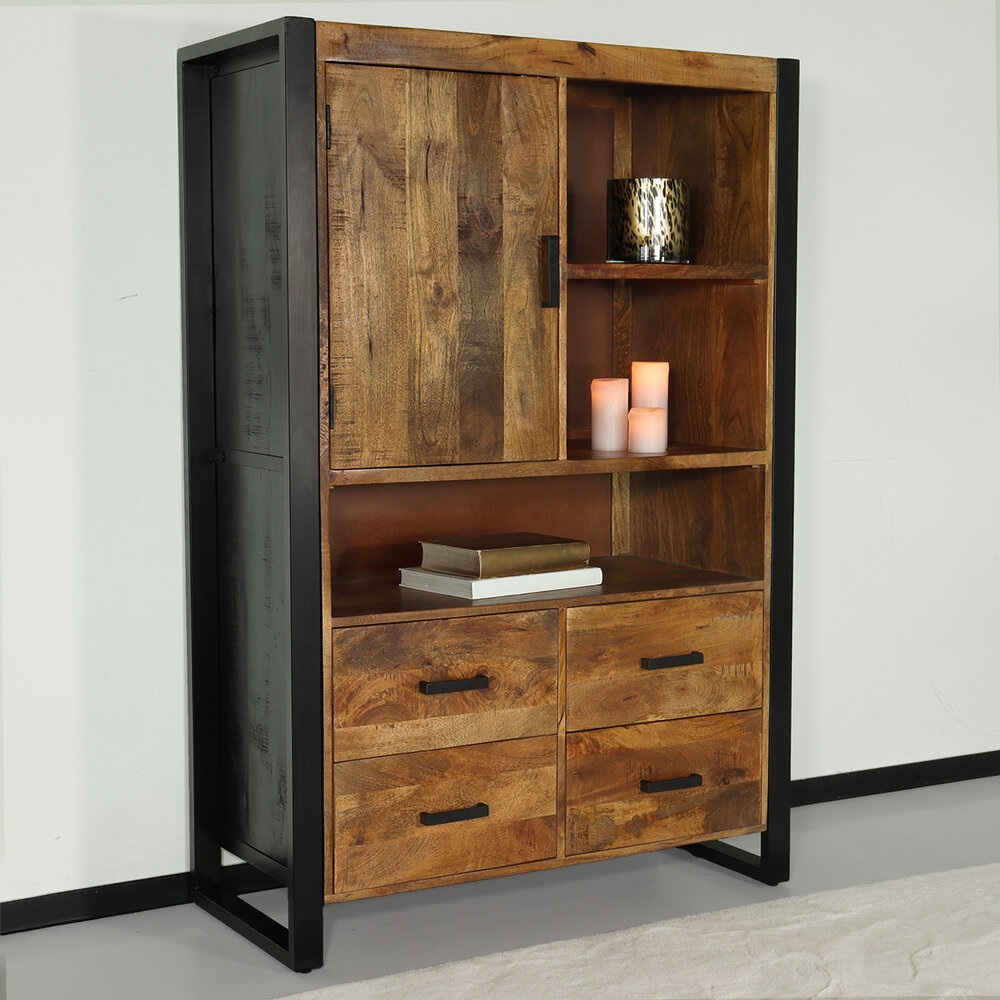Industriële kast mangohout Dexie 150x100cm bruin en zwart wandkast duurzaam mango Industriële kast mangohout Dexie 150x100cm bruin en zwart wandkast duurzaam mango