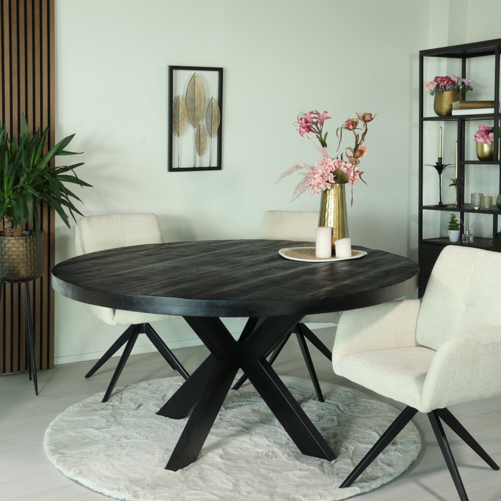 Eettafel rond mangohout 150cm Jones zwart ronde industriële tafel duurzaam mango eetkamertafel Eettafel rond mangohout 150cm Jones zwart ronde industriële tafel duurzaam mango eetkamertafel