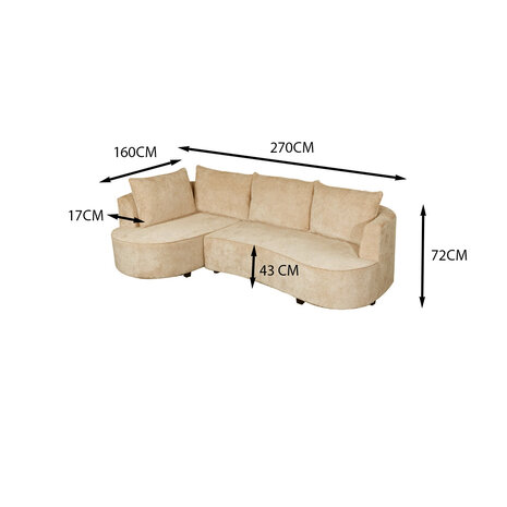 Lizzely Garden & Living Hoekbank Lando 270cm bank beige chenille bankstel rechts loungebank