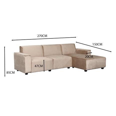 Lizzely Garden & Living Hoekbank design Riley 270cm bank champagne velvet loungebank rechts Lizzely Garden & Living Hoekbank design Riley 270cm bank champagne velvet loungebank rechts