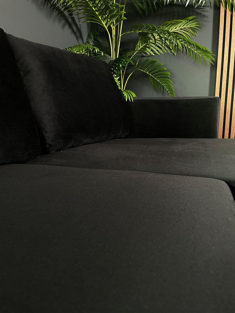 Hoekbank design Nox 250cm bank zwart velvet bankstel rechts loungebank