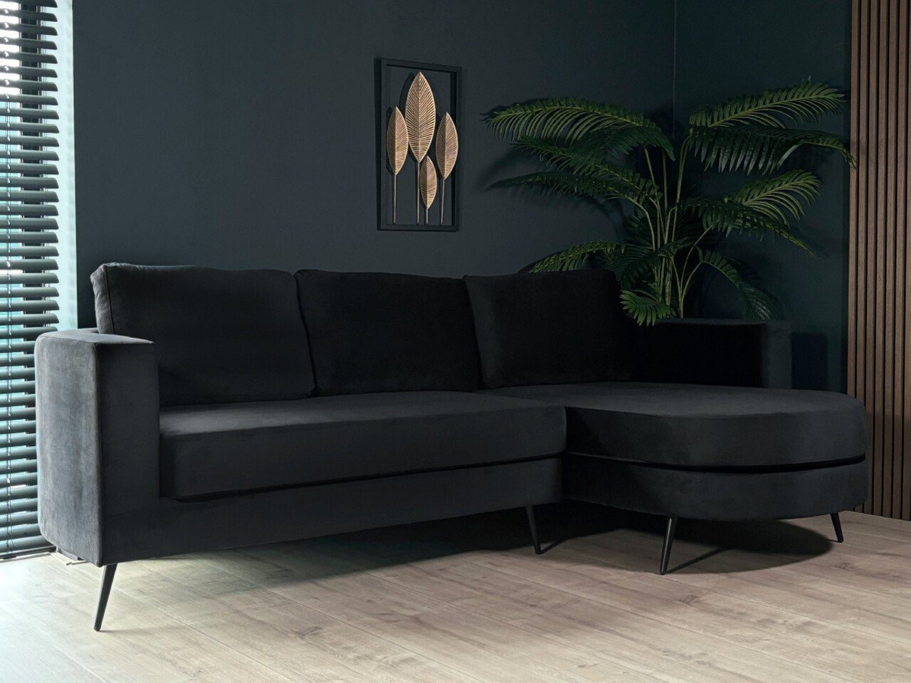 Hoekbank design Nox 250cm bank zwart velvet bankstel rechts loungebank