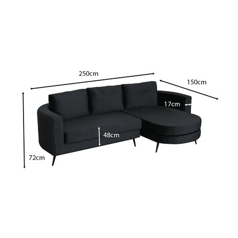 Lizzely Garden & Living Hoekbank design Nox 250cm bank zwart velvet bankstel rechts loungebank