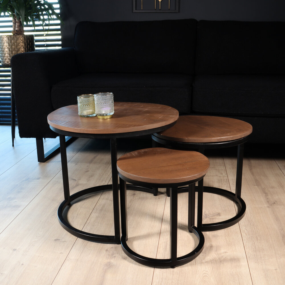 Salontafel 3delig mangohout Jaell walnoot bruin industrieel duurzaam massief hout massief hout mango Salontafel 3delig mangohout Jaell walnoot bruin industrieel duurzaam massief hout massief hout mango