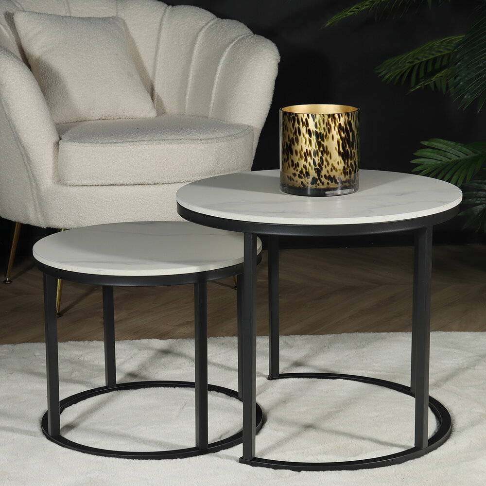 Salontafel rond 2delig marmerlook Lotte wit side table steen bijzettafel Salontafel rond 2delig marmerlook Lotte wit side table steen bijzettafel