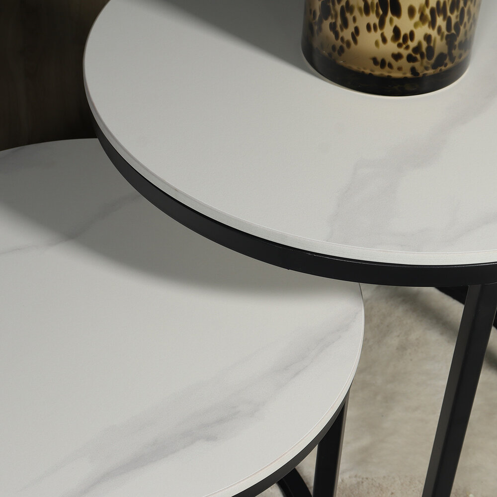 Salontafel rond 2delig marmerlook Lotte wit side table steen bijzettafel Salontafel rond 2delig marmerlook Lotte wit side table steen bijzettafel