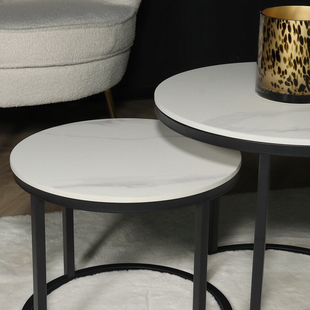 Salontafel rond 2delig marmerlook Lotte wit side table steen bijzettafel Salontafel rond 2delig marmerlook Lotte wit side table steen bijzettafel