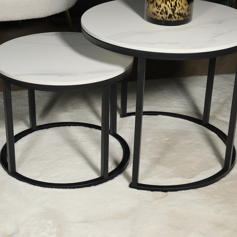 Salontafel rond 2delig marmerlook Lotte wit side table steen bijzettafel Salontafel rond 2delig marmerlook Lotte wit side table steen bijzettafel