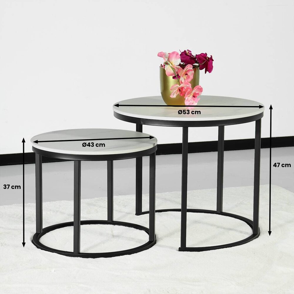 Salontafel rond 2delig marmerlook Lotte wit side table steen bijzettafel Salontafel rond 2delig marmerlook Lotte wit side table steen bijzettafel