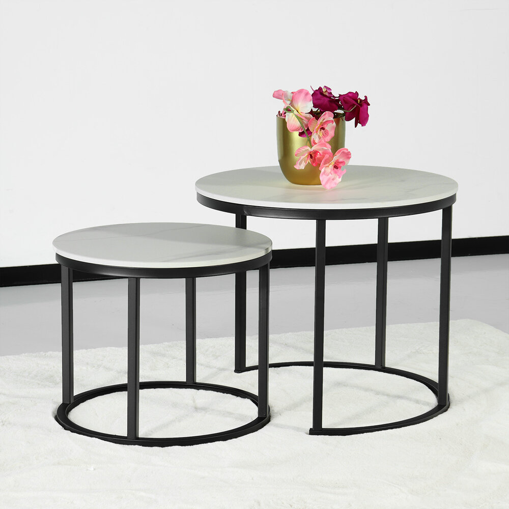 Salontafel rond 2delig marmerlook Lotte wit side table steen bijzettafel Salontafel rond 2delig marmerlook Lotte wit side table steen bijzettafel
