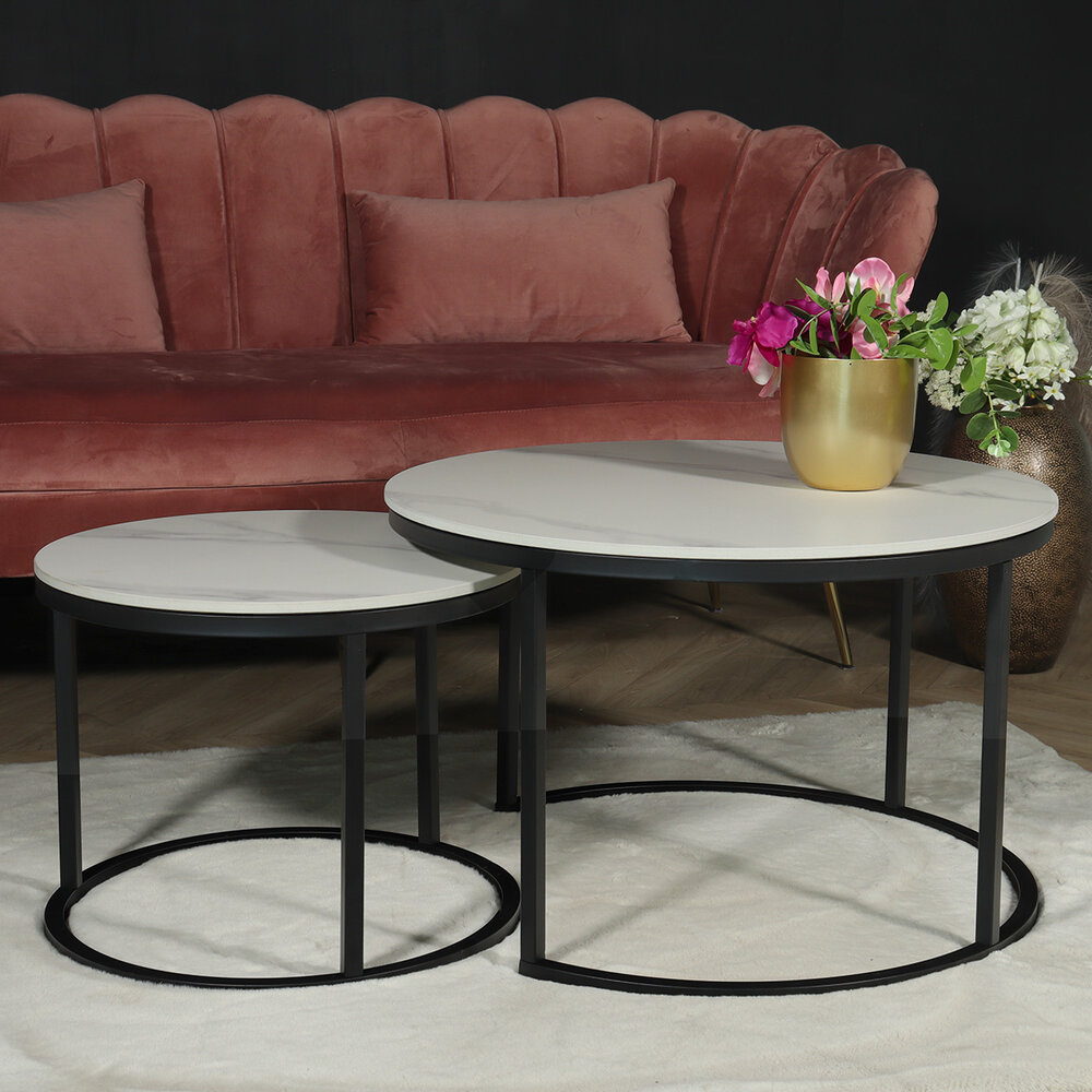 Salontafel rond 2delig marmerlook Bero wit side table steen bijzettafel Salontafel rond 2delig marmerlook Bero wit side table steen bijzettafel