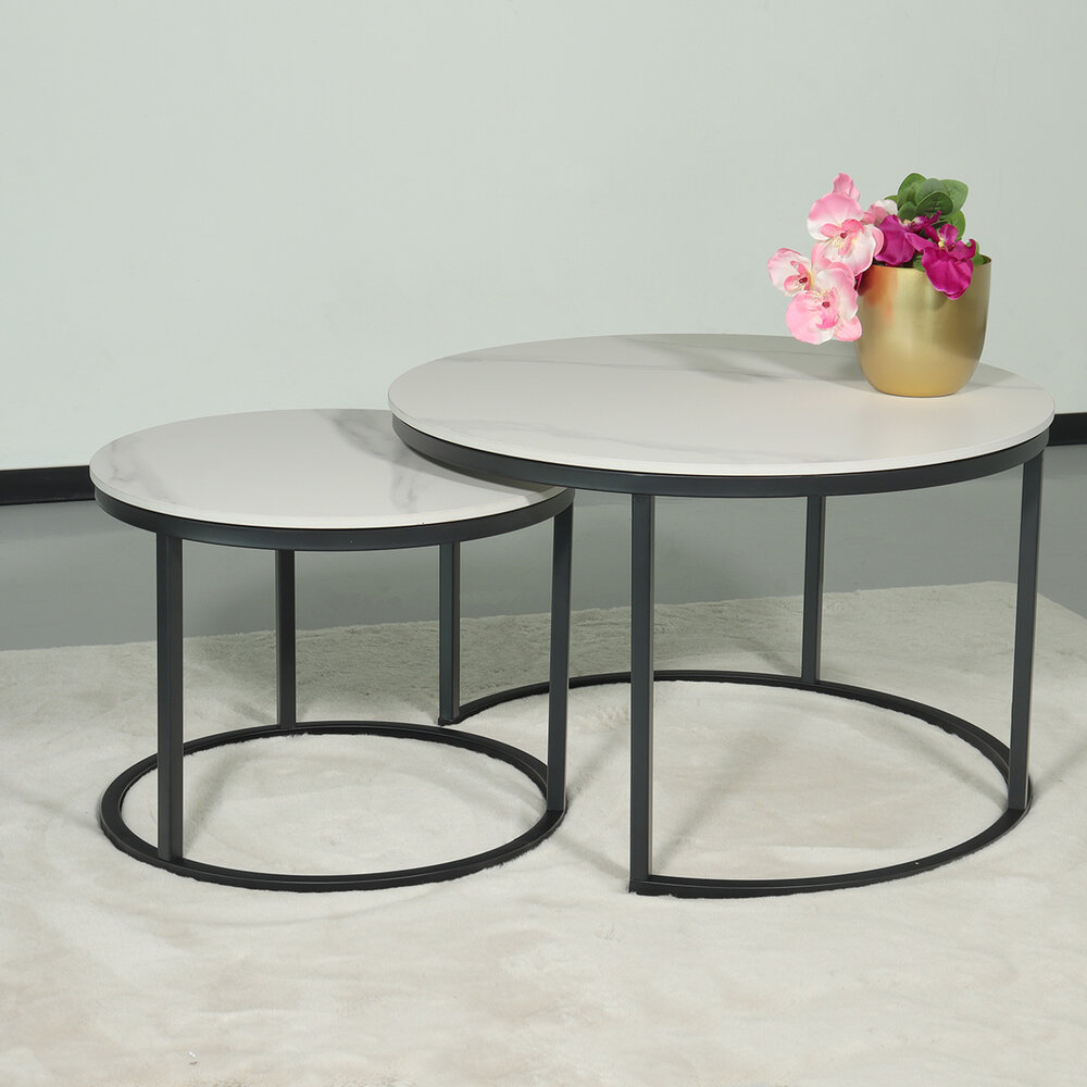 Salontafel rond 2delig marmerlook Bero wit side table steen bijzettafel Salontafel rond 2delig marmerlook Bero wit side table steen bijzettafel