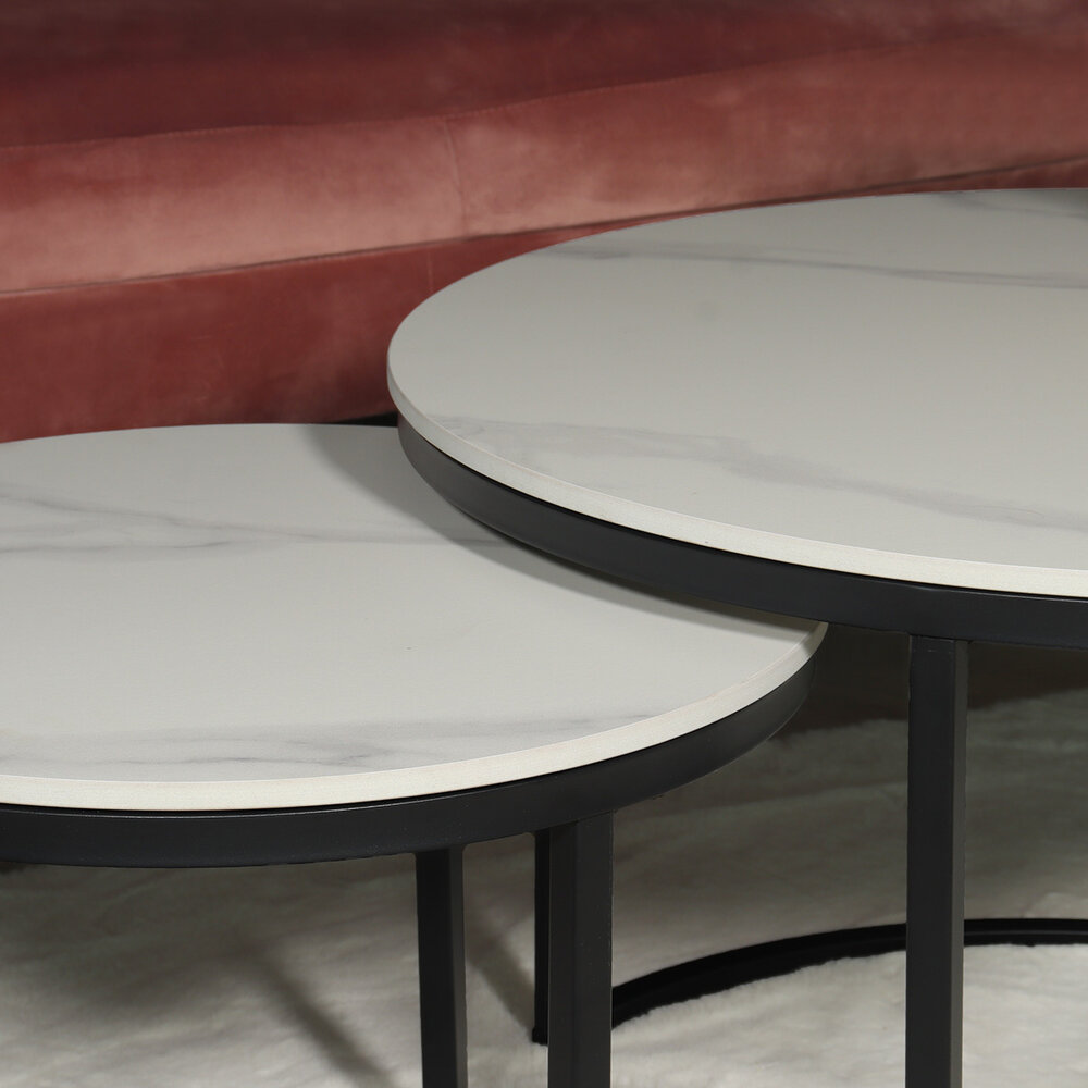 Salontafel rond 2delig marmerlook Bero wit side table steen bijzettafel Salontafel rond 2delig marmerlook Bero wit side table steen bijzettafel