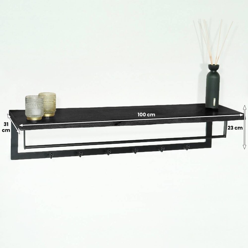 Kapstok Dexter 100cm wandplank met 6 haken zwart wandkapstok mango hout muurdecoratie Kapstok Dexter 100cm wandplank met 6 haken zwart wandkapstok mango hout muurdecoratie