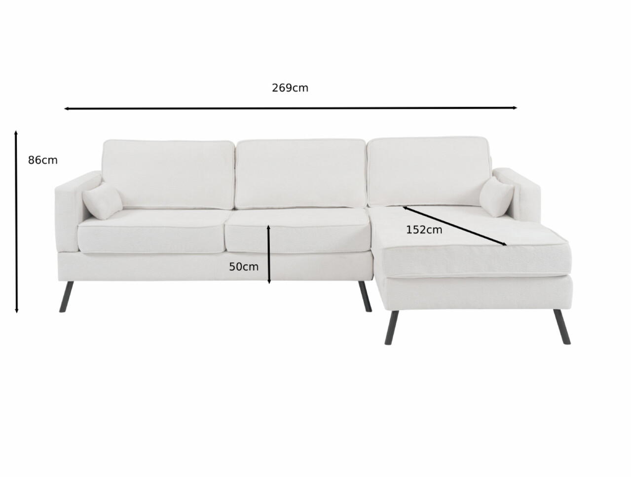 Hoekbank design Lizza 270cm bank wit chenille loungebank zowel links als rechts bankstel