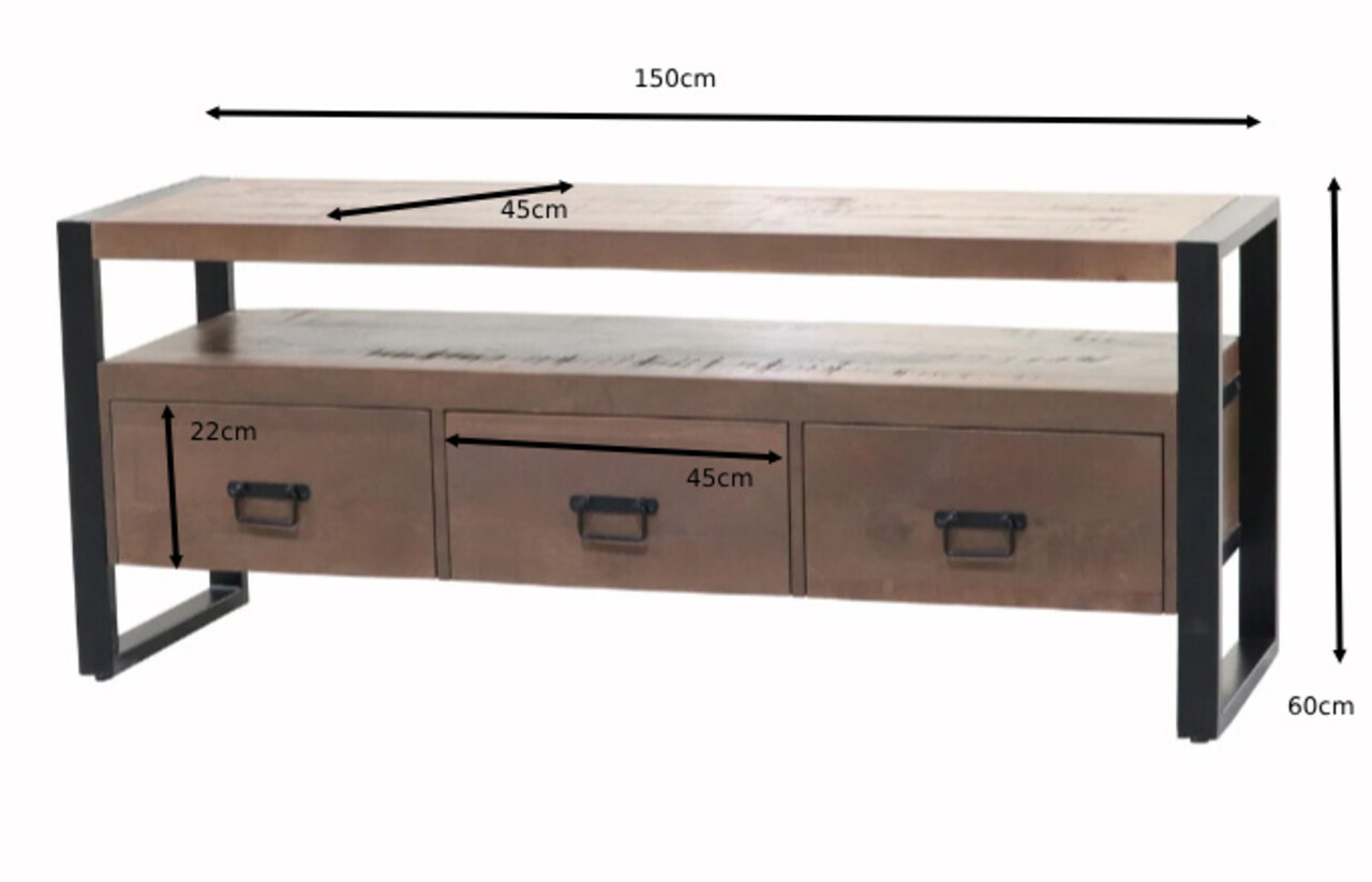 TV meubel industrieel mangohout Ilse 150cm walnoot bruin tv kast duurzaam mango massief hout tv-meubel