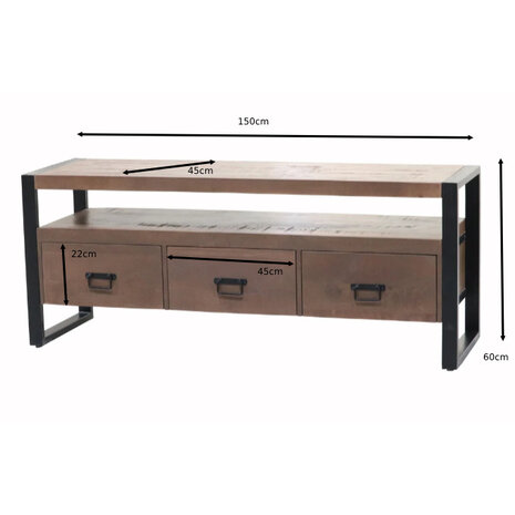Lizzely Garden & Living TV meubel industrieel mangohout Ilse 150cm walnoot bruin tv kast duurzaam mango massief hout tv-meubel