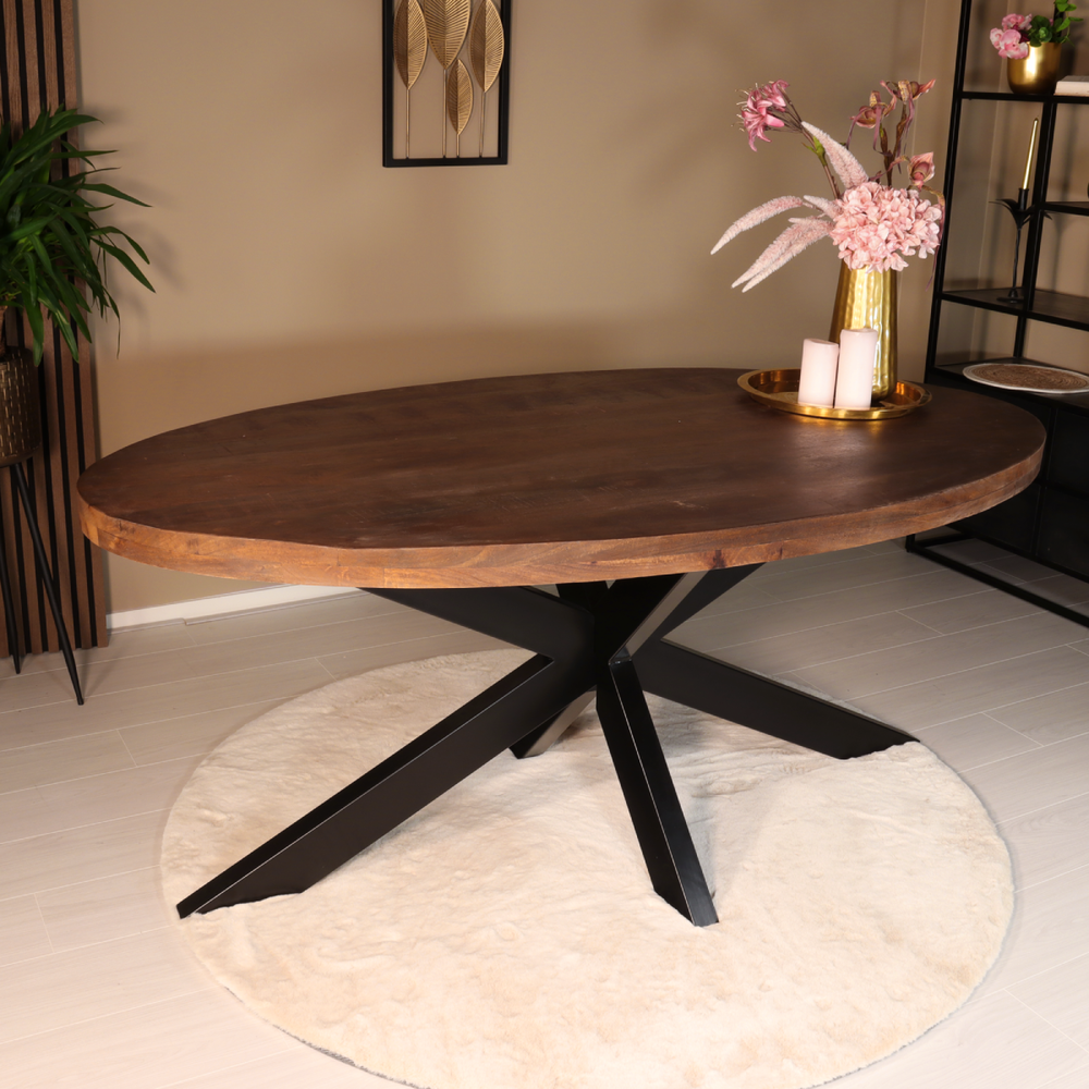 Tweedekansmodel: Eettafel ovaal mangohout 180cm James bruin ovale industriële tafel duurzaam mango eetkamertafel