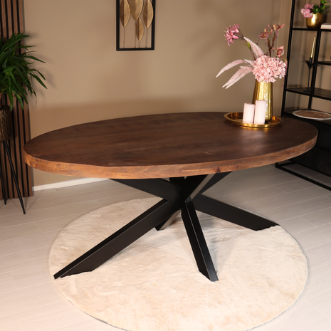 Lizzely Garden & Living Tweedekansmodel: Eettafel ovaal mangohout 180cm James bruin ovale industriële tafel duurzaam mango eetkamertafel