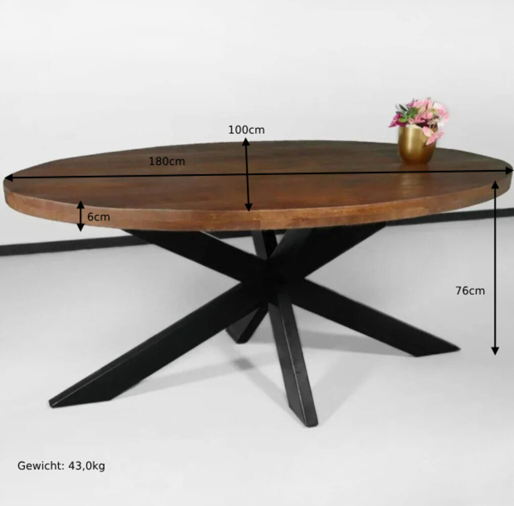 Tweedekansmodel: Eettafel ovaal mangohout 180cm James bruin ovale industriële tafel duurzaam mango eetkamertafel