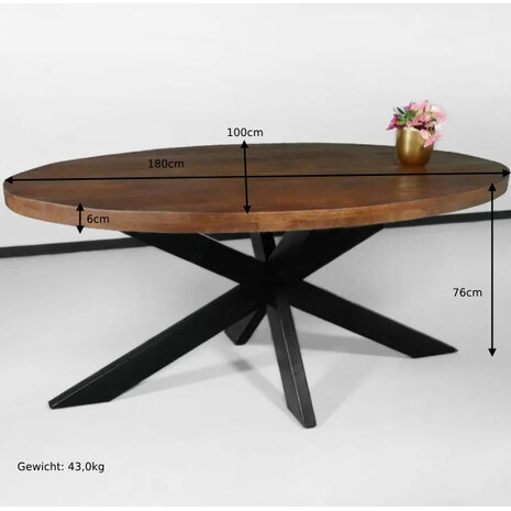 Lizzely Garden & Living Tweedekansmodel: Eettafel ovaal mangohout 180cm James bruin ovale industriële tafel duurzaam mango eetkamertafel