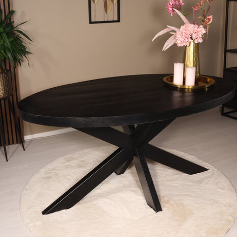 Lizzely Garden & Living Eettafel ovaal mangohout 160cm James zwart ovale industriële tafel duurzaam mango eetkamertafel