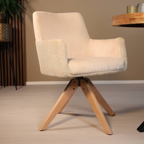 Lizzely Garden & Living Eetkamerstoel draaibaar met armleuning Gemma ribstof gebroken wit