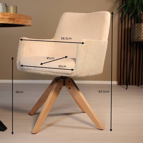 Lizzely Garden & Living Eetkamerstoel draaibaar met armleuning Gemma ribstof gebroken wit