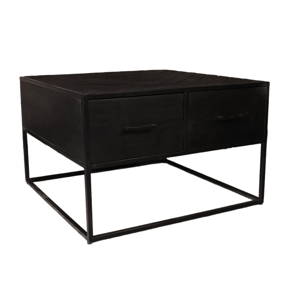 Salontafel vierkant mangohout 70cm Besti zwart visgraat industrieel 2 lades duurzaam mango