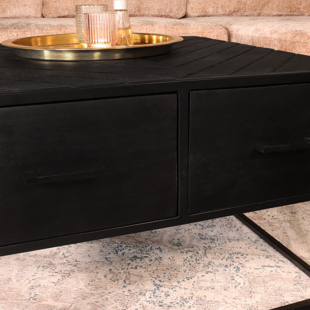 Salontafel vierkant mangohout 70cm Besti zwart visgraat industrieel 2 lades duurzaam mango