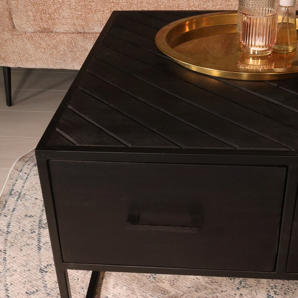Salontafel vierkant mangohout 70cm Besti zwart visgraat industrieel 2 lades duurzaam mango
