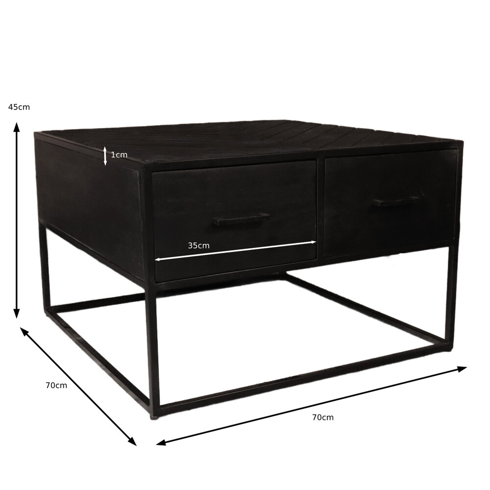 Salontafel vierkant mangohout 70cm Besti zwart visgraat industrieel 2 lades duurzaam mango