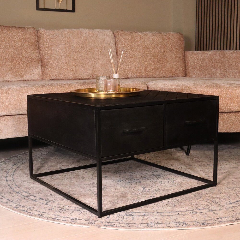 Salontafel vierkant mangohout 70cm Besti zwart visgraat industrieel 2 lades duurzaam mango