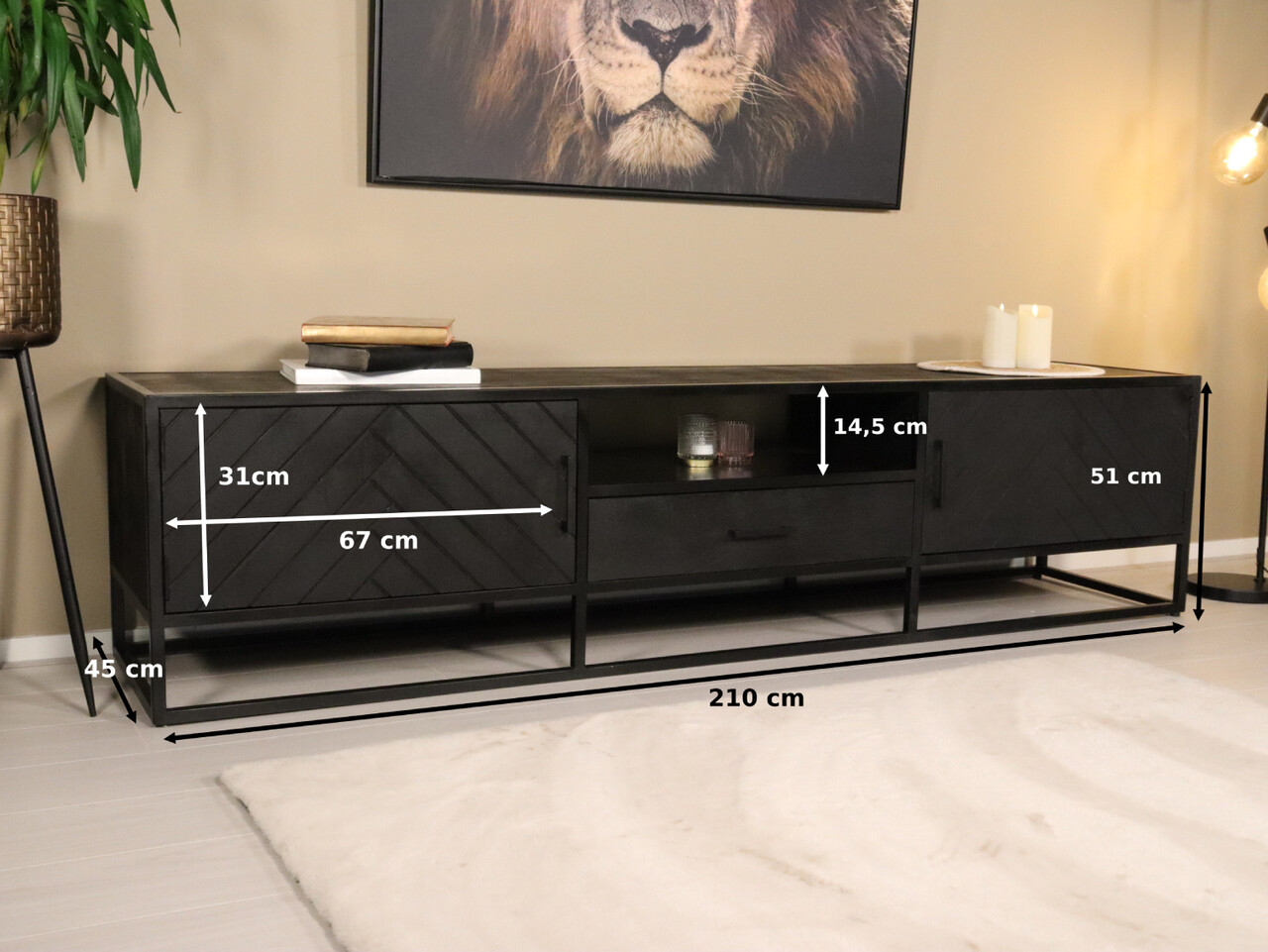 TV meubel industrieel Danae zwart visgraat duurzaam mangohout 210cm lengte mango TV meubel industrieel Danae zwart visgraat duurzaam mangohout 210cm lengte mango