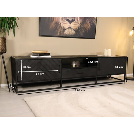 Lizzely Garden & Living TV meubel industrieel Danae zwart visgraat duurzaam mangohout 210cm lengte mango Lizzely Garden & Living TV meubel industrieel Danae zwart visgraat duurzaam mangohout 210cm lengte mango