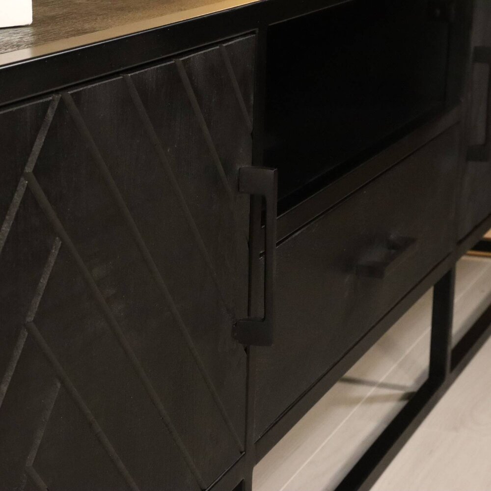 TV meubel industrieel Danae zwart visgraat duurzaam mangohout 210cm lengte mango TV meubel industrieel Danae zwart visgraat duurzaam mangohout 210cm lengte mango