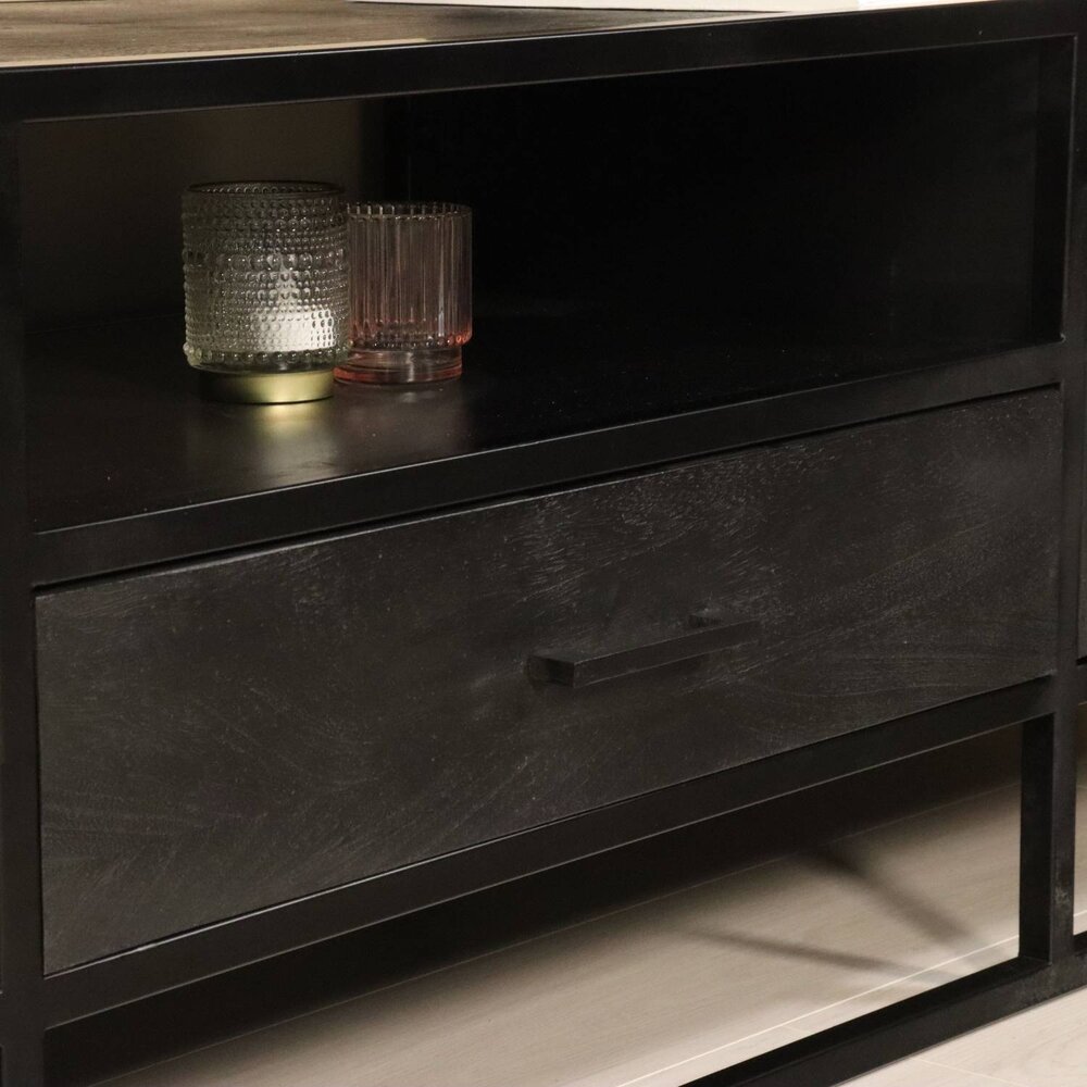 TV meubel industrieel Danae zwart visgraat duurzaam mangohout 210cm lengte mango TV meubel industrieel Danae zwart visgraat duurzaam mangohout 210cm lengte mango