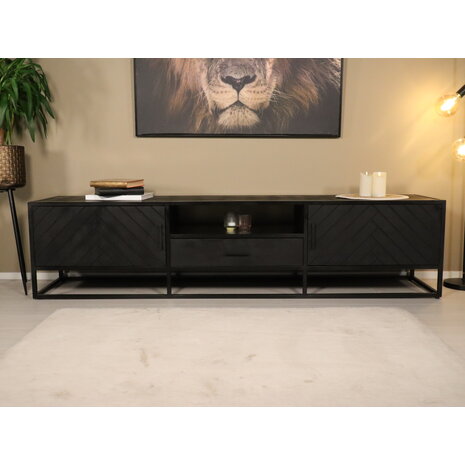 Lizzely Garden & Living TV meubel industrieel Danae zwart visgraat duurzaam mangohout 210cm lengte mango Lizzely Garden & Living TV meubel industrieel Danae zwart visgraat duurzaam mangohout 210cm lengte mango