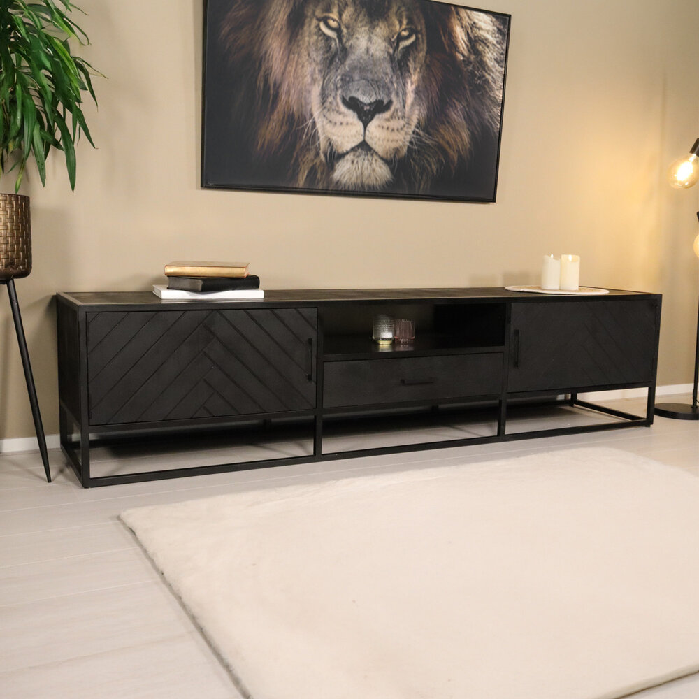 TV meubel industrieel Danae zwart visgraat duurzaam mangohout 210cm lengte mango TV meubel industrieel Danae zwart visgraat duurzaam mangohout 210cm lengte mango